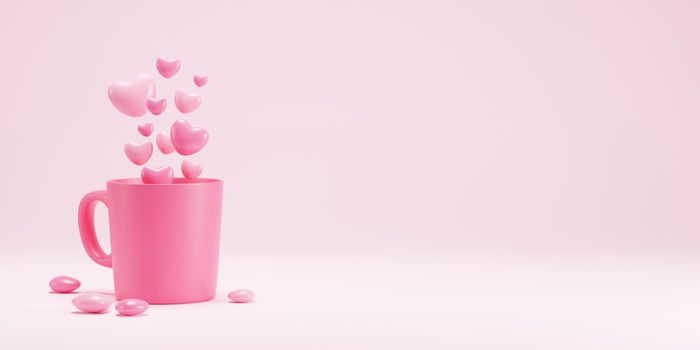 Love concept design of cup with hearts on pink background 3D render