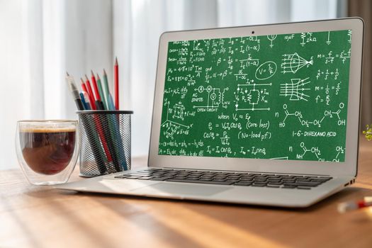 Mathematic equations and modish formula on computer screen showing concept of science and education