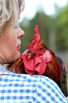 Beautiful woman in the chicken farm holding a chicken, healthy lifestyle and organic farming concept. Rooster and cat