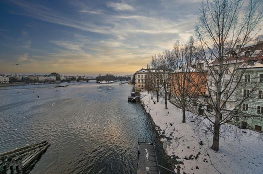 Scenic view on Prague city and Vltava river, famous travel destination in Czech Republic