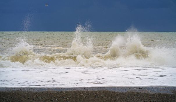 Coast of the Black Sea. Storm. High sea waves rise above the horizon