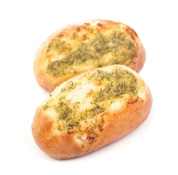 tasty bread with garlic lying on white background