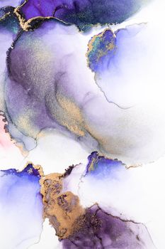 Purple gold abstract background of marble liquid ink art painting on paper . Image of original artwork watercolor alcohol ink paint on high quality paper texture .