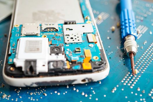 Repairing and upgrade mobile phone, electronic, computer hardware and technology concept.