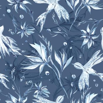 Seamless texture with blue flowers and birds on indigo background for textile and wallpaper design