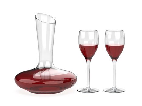 Decanter and two glasses with red wine on white background