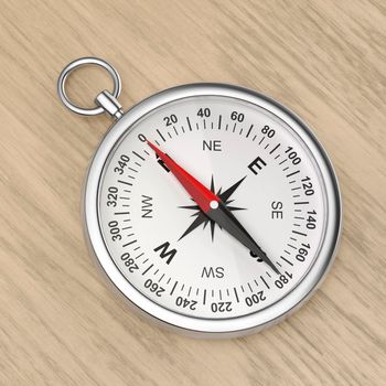 Silver compass on wooden table