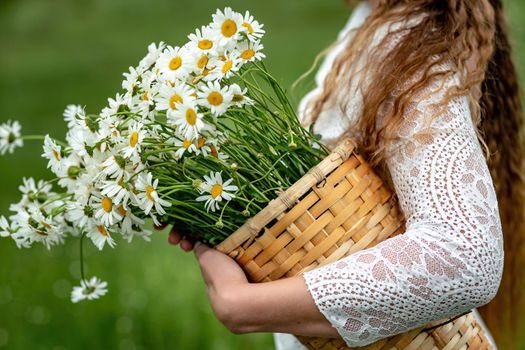 A middle-aged woman holds a large bouquet of daisies in her hands. Wildflowers for congratulations.