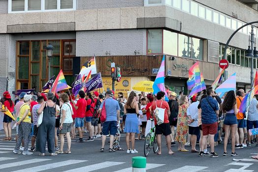 Valencia, Spain 25 June 2022: Manifest of a attractive participants of the World Pride festival in Valencia 2022. Parade of a International People celebrates the LGBT Gay Pride Parade