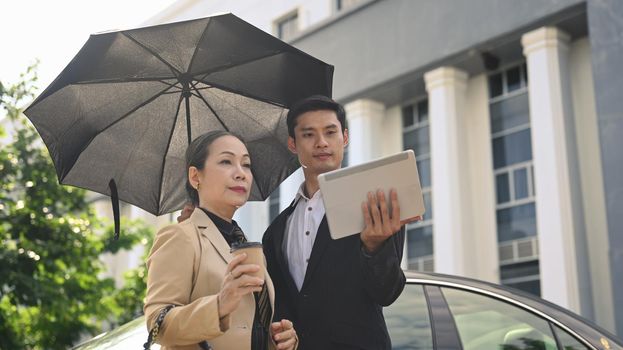 Elegant mature businesswoman and her assistant standing by black car and talking each other.