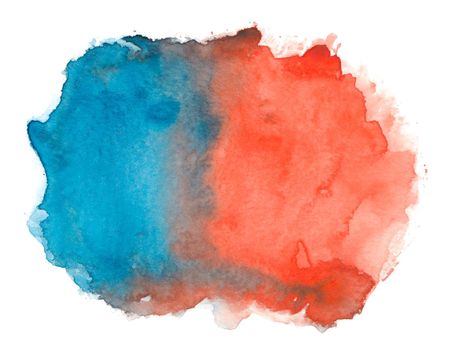 Abstract red blue watercolor splash texture isolated on white background. Bright red blue mix paint stain drops. Abstract illustration, banner, poster for text, decoration element