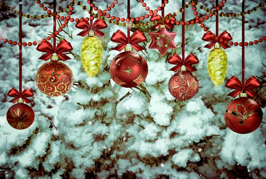 New year and Christmas card with the image of snow-covered fir trees and Christmas decorations