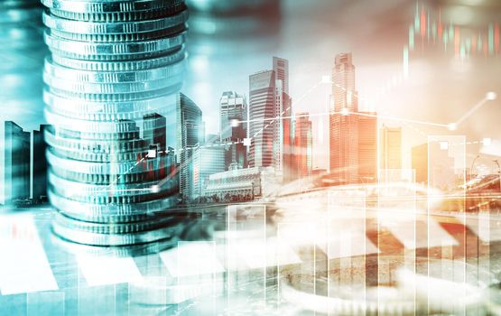 Finance and money technology background concept of business prosperity and asset management . Creative graphic show economy and financial growth by investment in valuable asset to gain wealth profit .