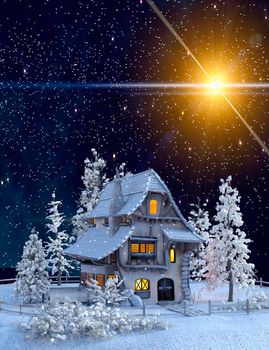 Christmas and new Year greeting card with a picture of a fairy house and a bright Christmas star in the sky.