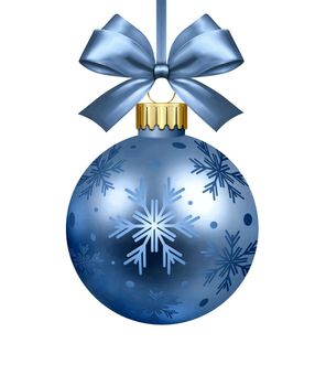 Beautiful blue shiny ball with bow for Christmas tree decoration. Presented on a white background. 3D rendering.