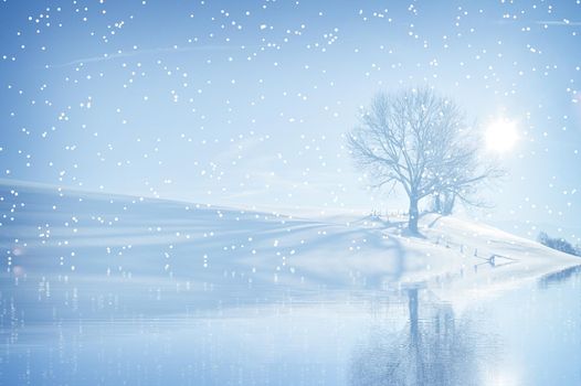 Background for Christmas greeting card with a picture of winter landscape.