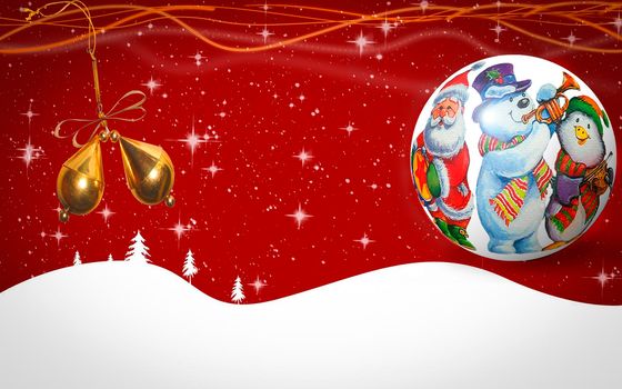 Christmas card: on a frosty background with snowflakes beautiful ball with the image of snowmen.