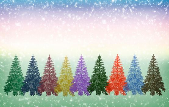 Christmas card: colorful Christmas trees on a light background.