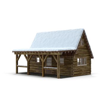 A small wooden house decorated with Christmas garlands. 3D rendering. Presented on a white background.