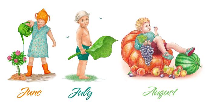Children. Summer. A girl is watering a flower. A boy in shorts with a large plant leaf. A boy with fruit. .
