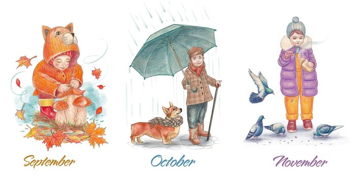 Children. Autumn. The child collects mushrooms. A boy walks under an umbrella with a dog. A girl feeds pigeons. A set of clip art with watercolor illustrations for postcards.