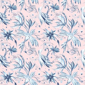 Seamless texture with blue flowers and birds on pink background for textile and wallpaper design