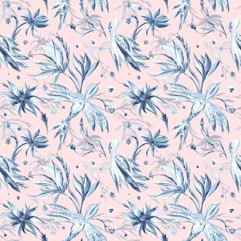 Seamless texture with blue flowers and birds on pink background for textile and wallpaper design