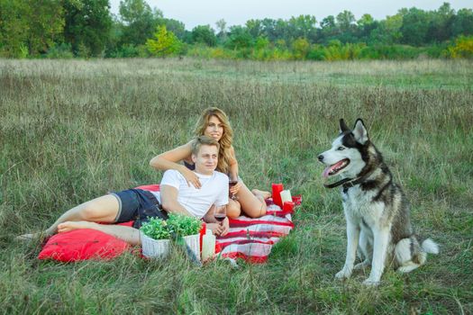 Beautiful young happy loving couple on picnic lying down on plaid with their dog in field on sunny summer day enjoying, holding and drinking wine and resting. looking at their dog and smiling.