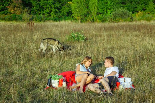 Beautiful young happy loving couple on picnic lying down on plaid with their dog in field on sunny summer day enjoying and resting. looking at each other smiling.