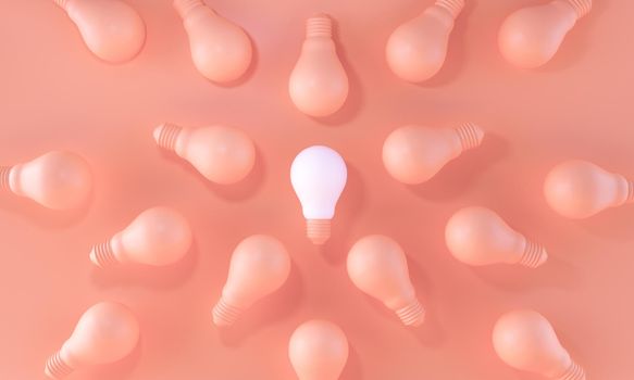 Glowing Light Bulb white between the others on pastel orange background. Leadership, innovation and individuality concepts. 3d rendering.