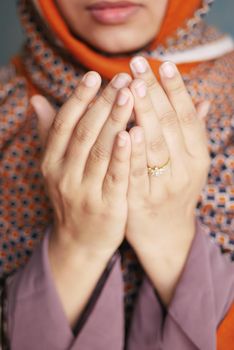 Close up of muslim women hand praying at ramadan .