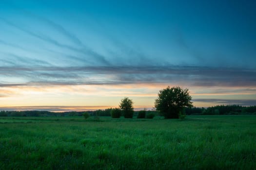 Evening sky after sunset over a green meadow, spring landscape