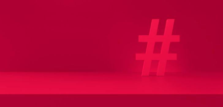 Hashtag symbol red in photography studio background panoramic. Trending topics, trends, digital marketing. 3d rendering.