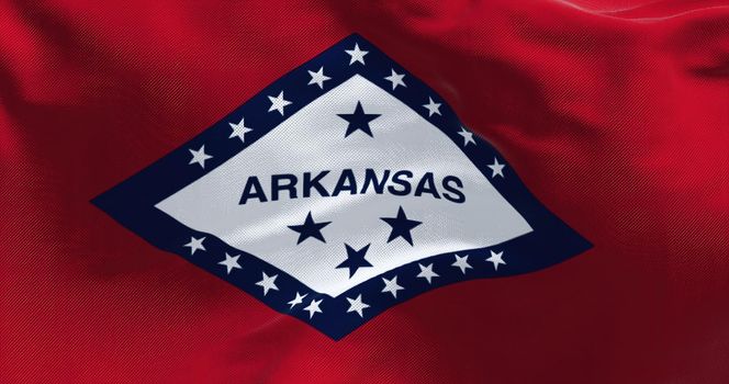 Close up of the state flag of Arkansas waving in the wind on a clear day. Democracy and independence. American state.