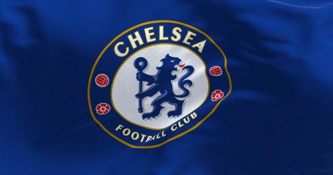 London, UK, May 2022: The flag of Chelsea Football Club waving in the wind. Chelsea F.C. is a professional football club based in Fulham, London