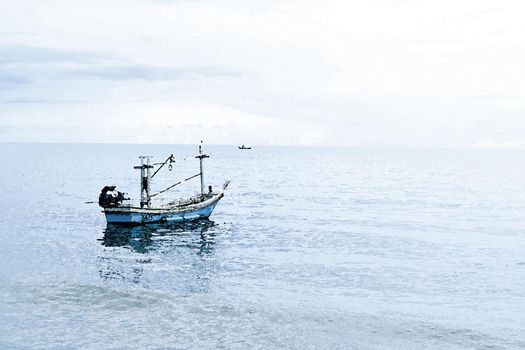 watercolor painting wooden boat with fishing rod inside floating on water . soft blue sea and sky.holiday idea