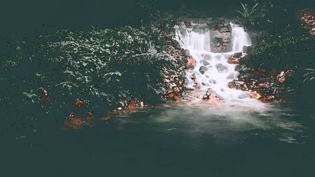 Water Color style image illustration Morning mist rises over Falls surrounded by a vibrant green nature landscape.