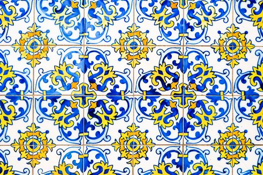 Portuguese tiles . Seamless patchwork tile with Victorian motives. Majolica pottery tile, blue and white azulejo, original traditional Portuguese and Spain decor