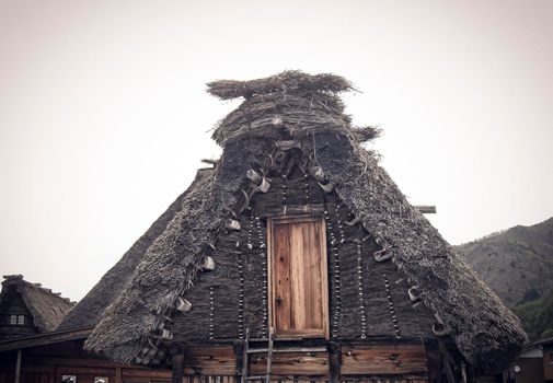 Shirakawako traditional house .unesco heritage village .tourist spot .folk architecture in Japan .roof characteristic design .