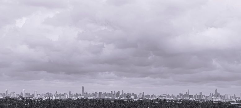 panoramic landscapes with green forest area or bufffer zone and Modern City Skyline.