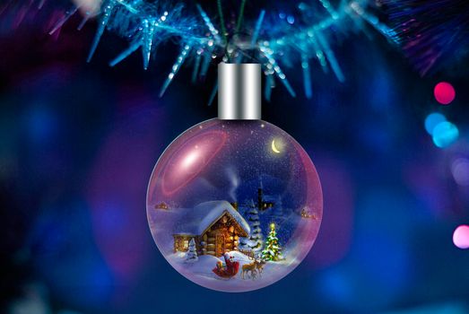 A beautiful glowing ball with a picture of a fairy house inside is a decoration for a Christmas tree. Presented on a blue background.