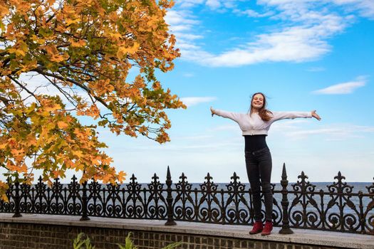 Beauty romantic girl outdoors. Beautiful young adult model girl hands up and standing beside fence in sun light. Glow sun, autumn. Toned in warm colors.