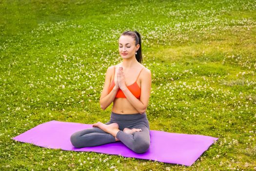 Cheerful young beautiful woman practicing and posing yoga in the park.