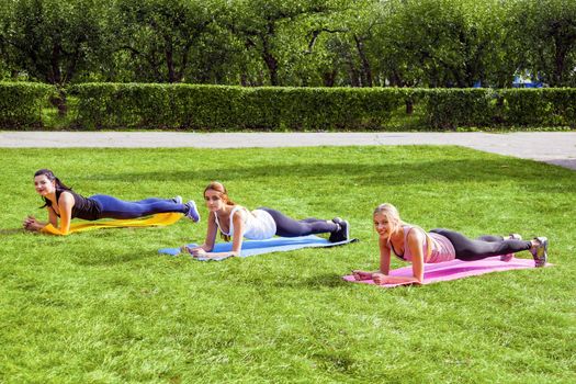Group of satisfied beautiful healthy slimy young women doing plank exersices on the green grass in the park, standing in plank strap pose, looking at camera. Outdoor, sport lifestyle and weight loss.