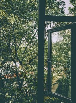 open window with a landscape view. Window view on nature design.