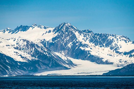 Wide view of the Bear Glacier entering Resurrection Bay near Seward Alaska