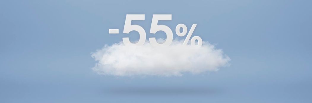 Discount 55 percent. Big discounts, sale up to fifty five percent. 3D numbers float on a cloud on a blue background. Copy space. Advertising banner and poster to be inserted into the project.