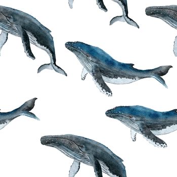 Hand drawn watercolor seamless pattern with blue whale. Sea ocean marine animal, nautical underwater endangered mammal species. Blue gray illustration for fabric nursery decor, under the sea prints
