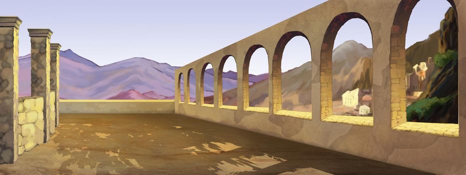 Antique terrace with mountain view on a sunny summer day. Digital Painting Background, Illustration.