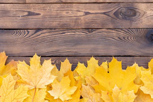 Autumn leaves frame on one down side wooden background top view Fall Border yellow and Orange Leaves vintage wood table Copy space. Mock up for your design. Display for product or text